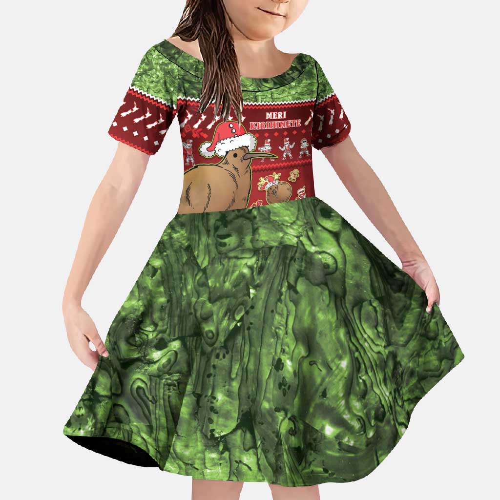 New Zealand Kiwi Christmas Family Matching Off Shoulder Maxi Dress and Hawaiian Shirt Paua Shell Glitter Green LT05 Daughter's Dress Red - Polynesian Pride