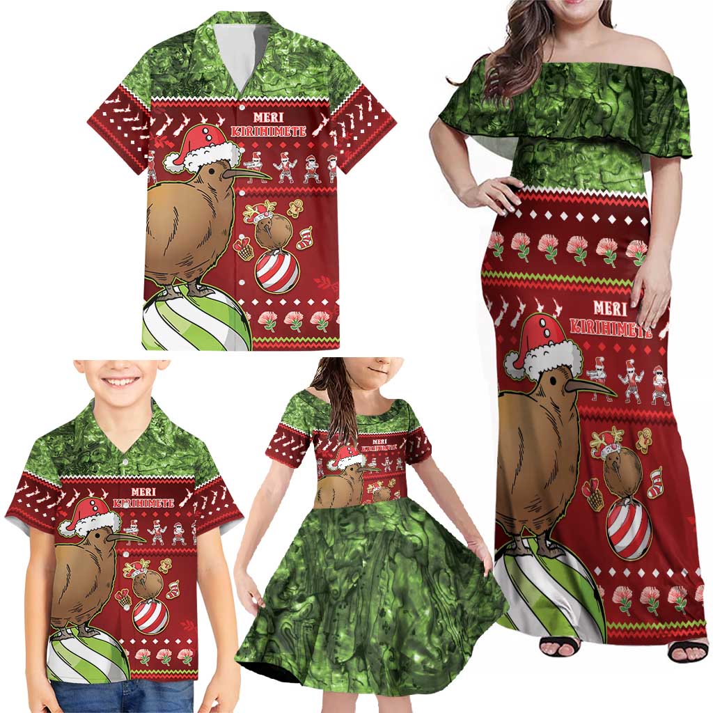 New Zealand Kiwi Christmas Family Matching Off Shoulder Maxi Dress and Hawaiian Shirt Paua Shell Glitter Green LT05 - Polynesian Pride