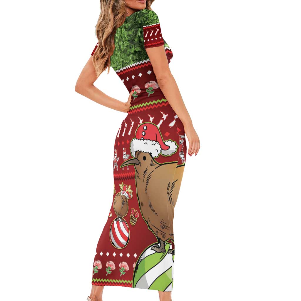 New Zealand Kiwi Christmas Family Matching Short Sleeve Bodycon Dress and Hawaiian Shirt Paua Shell Glitter Green LT05 - Polynesian Pride