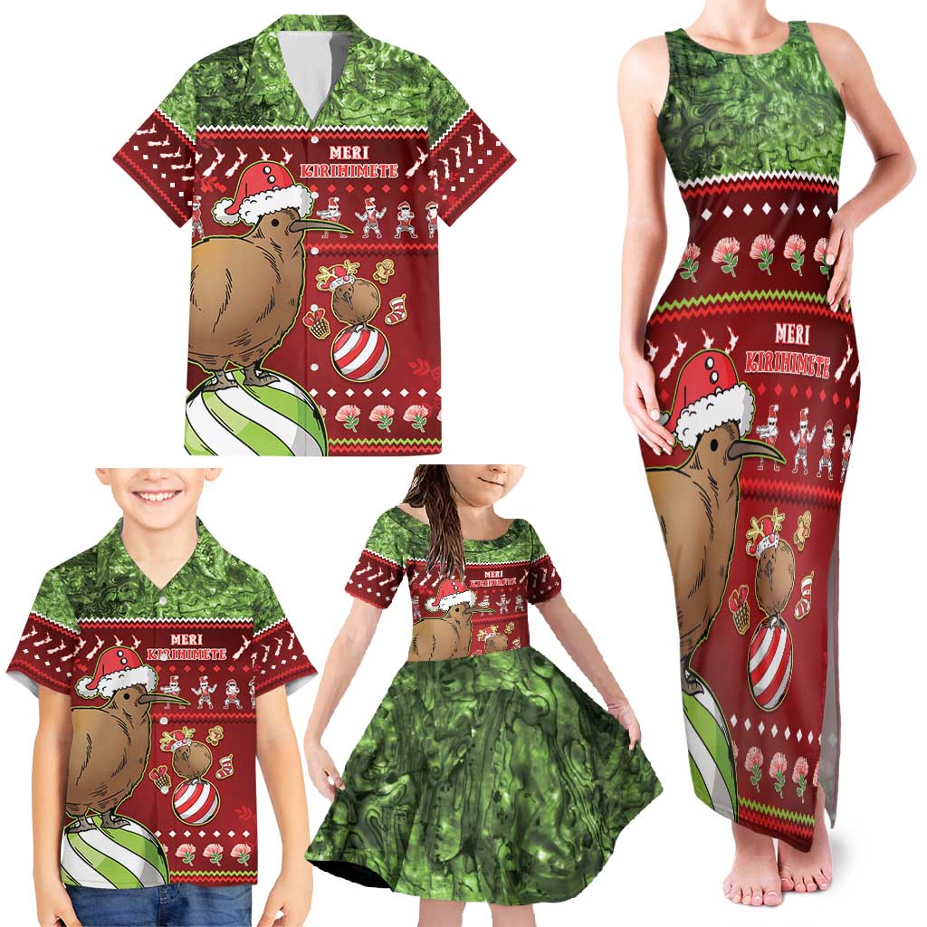 New Zealand Kiwi Christmas Family Matching Tank Maxi Dress and Hawaiian Shirt Paua Shell Glitter Green LT05 - Polynesian Pride
