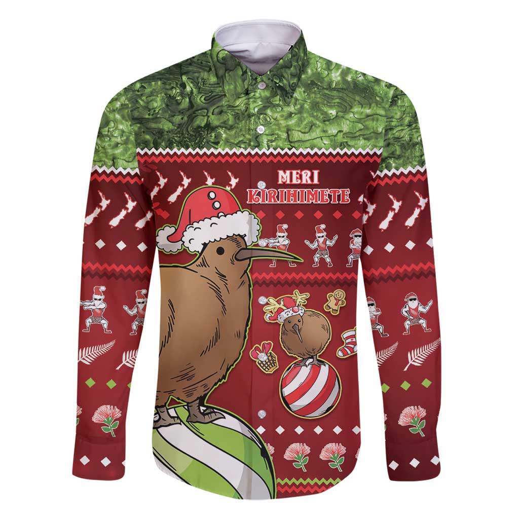 New Zealand Kiwi Christmas Family Matching Tank Maxi Dress and Hawaiian Shirt Paua Shell Glitter Green LT05 Dad's Shirt - Long Sleeve Red - Polynesian Pride