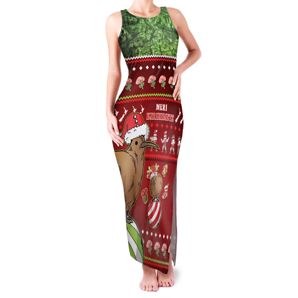 New Zealand Kiwi Christmas Family Matching Tank Maxi Dress and Hawaiian Shirt Paua Shell Glitter Green LT05 Mom's Dress Red - Polynesian Pride