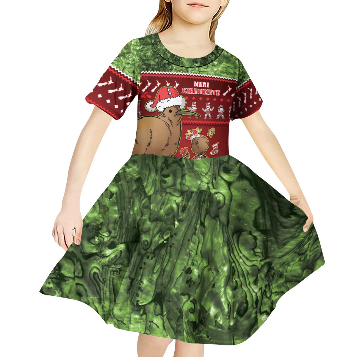 New Zealand Kiwi Christmas Kid Short Sleeve Dress Paua Shell Glitter Green LT05 - Polynesian Pride