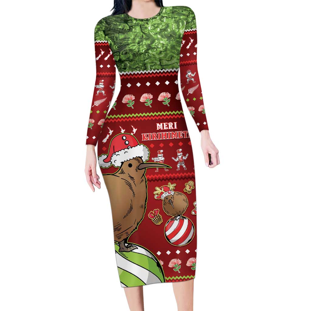 New Zealand Kiwi Christmas Long Sleeve Bodycon Dress Paua Shell Glitter Green LT05 Long Dress Red - Polynesian Pride