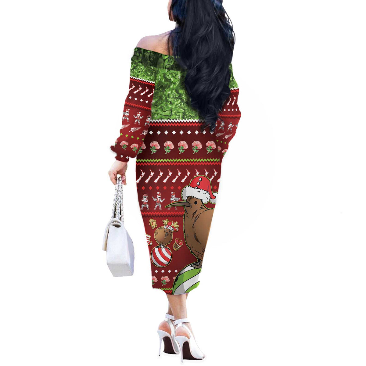New Zealand Kiwi Christmas Off The Shoulder Long Sleeve Dress Paua Shell Glitter Green LT05 - Polynesian Pride
