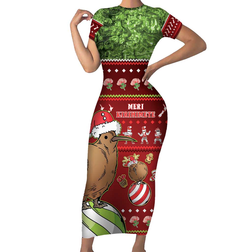 New Zealand Kiwi Christmas Short Sleeve Bodycon Dress Paua Shell Glitter Green LT05 Long Dress Red - Polynesian Pride
