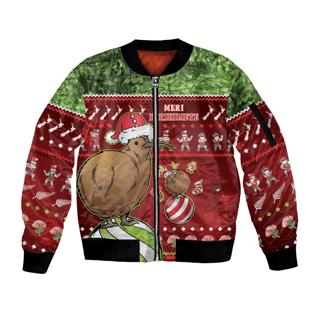 New Zealand Kiwi Christmas Sleeve Zip Bomber Jacket Paua Shell Glitter Green LT05 Unisex Red - Polynesian Pride