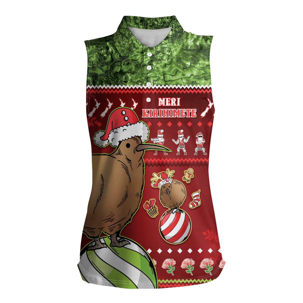 New Zealand Kiwi Christmas Women Sleeveless Polo Shirt Paua Shell Glitter Green LT05 Female Red - Polynesian Pride