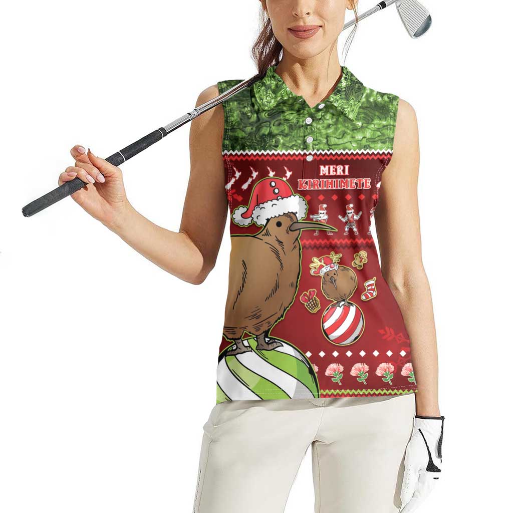 New Zealand Kiwi Christmas Women Sleeveless Polo Shirt Paua Shell Glitter Green LT05 - Polynesian Pride