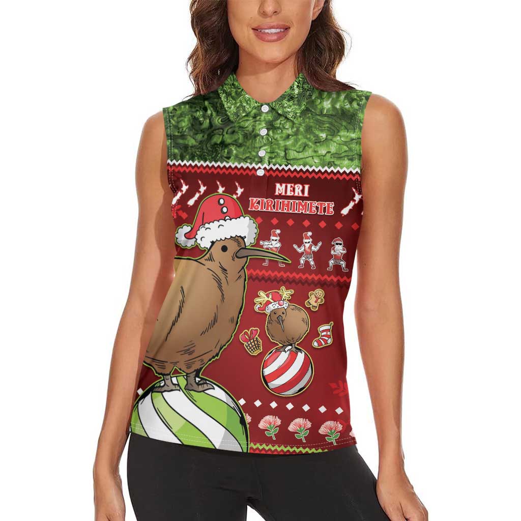 New Zealand Kiwi Christmas Women Sleeveless Polo Shirt Paua Shell Glitter Green LT05 - Polynesian Pride
