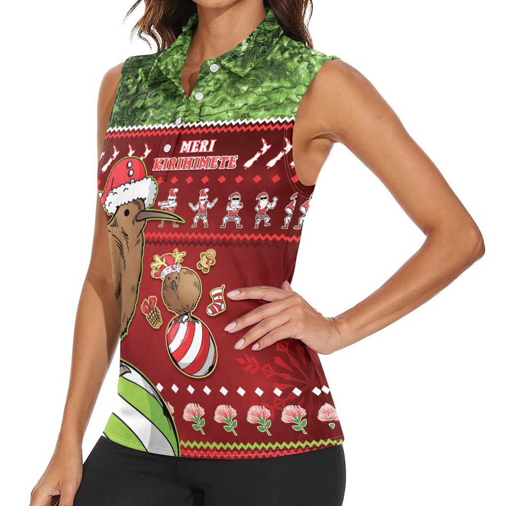 New Zealand Kiwi Christmas Women Sleeveless Polo Shirt Paua Shell Glitter Green LT05 - Polynesian Pride