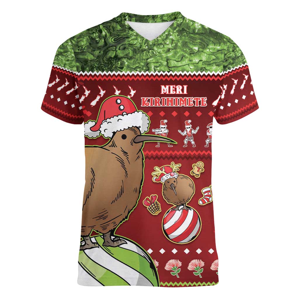 New Zealand Kiwi Christmas Women V-Neck T-Shirt Paua Shell Glitter Green LT05 Female Red - Polynesian Pride