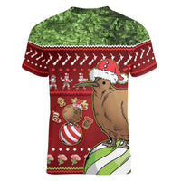 New Zealand Kiwi Christmas Women V-Neck T-Shirt Paua Shell Glitter Green LT05 - Polynesian Pride