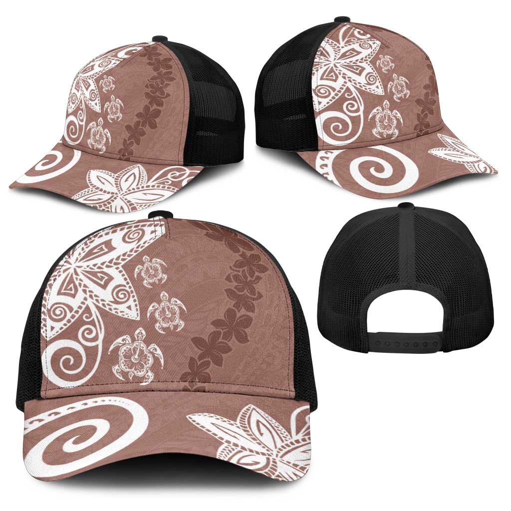 Polynesia Baseball Net Cap Brown Tribal Turtle Floral Pattern - Polynesian Pride