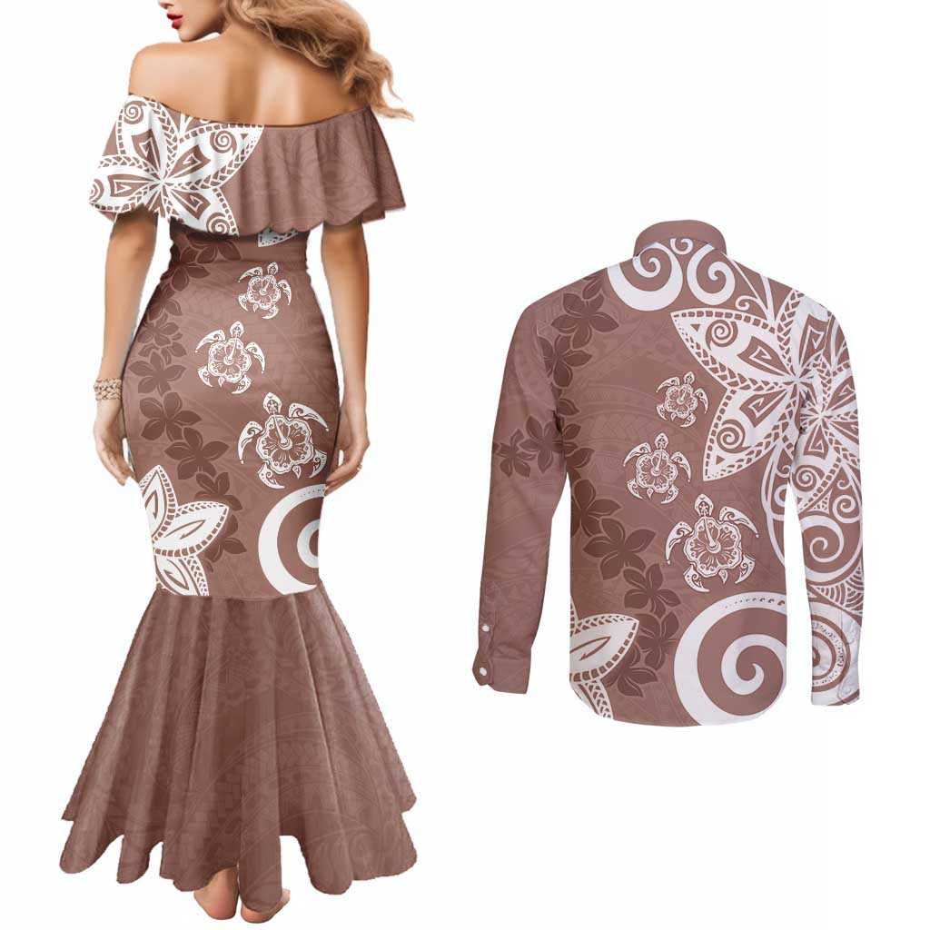 Polynesia Couples Matching Mermaid Dress and Long Sleeve Button Shirt Brown Tribal Turtle Floral Pattern