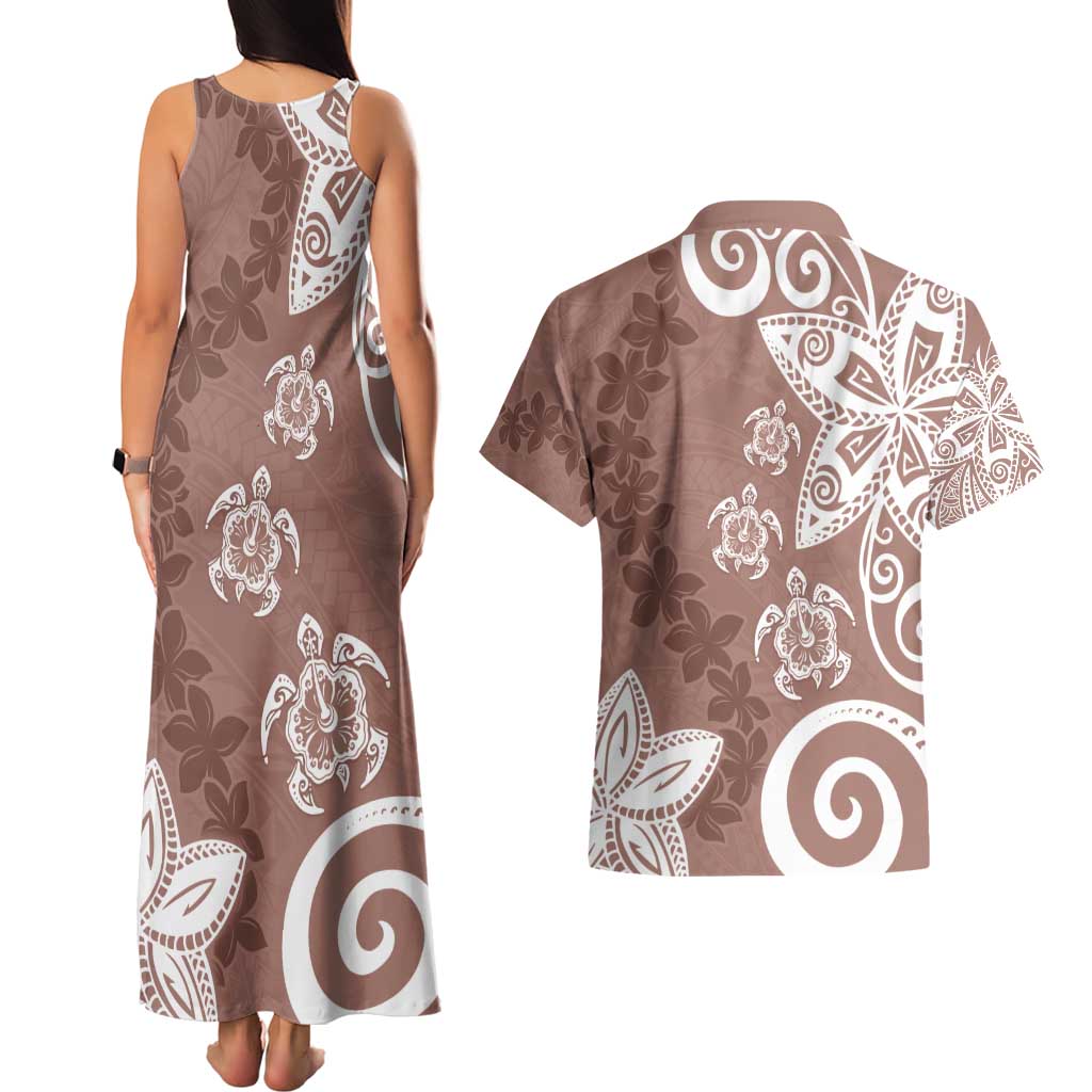 Polynesia Couples Matching Tank Maxi Dress and Hawaiian Shirt Brown Tribal Turtle Floral Pattern