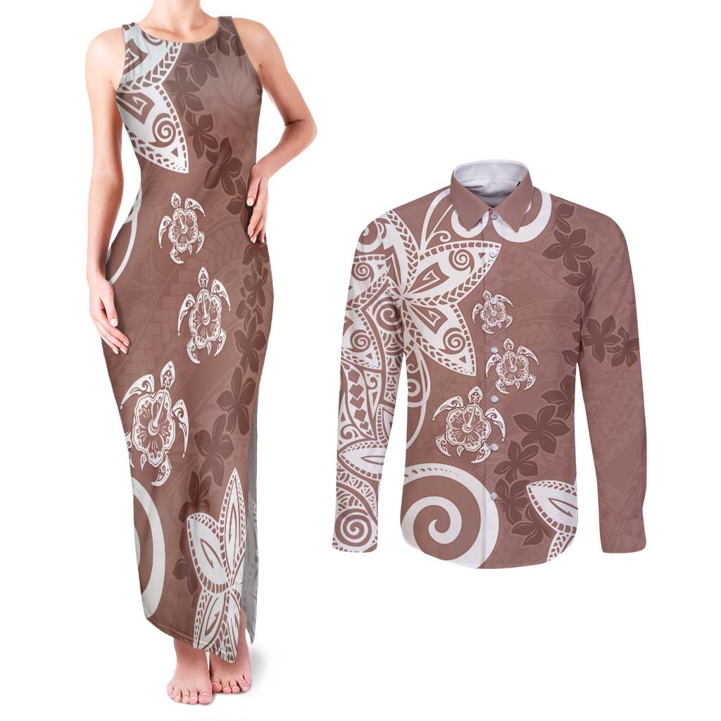 Polynesia Couples Matching Tank Maxi Dress and Long Sleeve Button Shirt Brown Tribal Turtle Floral Pattern LT05 Brown - Polynesian Pride