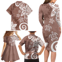 Polynesia Family Matching Long Sleeve Bodycon Dress and Hawaiian Shirt Brown Tribal Turtle Floral Pattern LT05 - Polynesian Pride