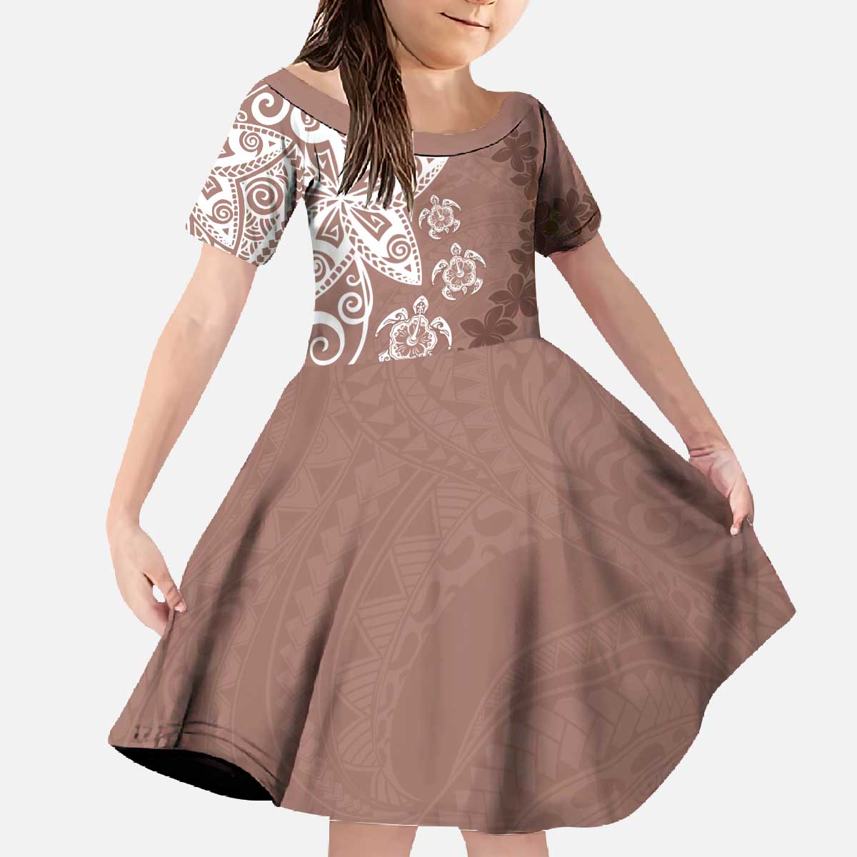 Polynesia Family Matching Off The Shoulder Long Sleeve Dress and Hawaiian Shirt Brown Tribal Turtle Floral Pattern LT05 Daughter's Dress Brown - Polynesian Pride