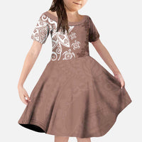 Polynesia Family Matching Off The Shoulder Long Sleeve Dress and Hawaiian Shirt Brown Tribal Turtle Floral Pattern LT05 Daughter's Dress Brown - Polynesian Pride