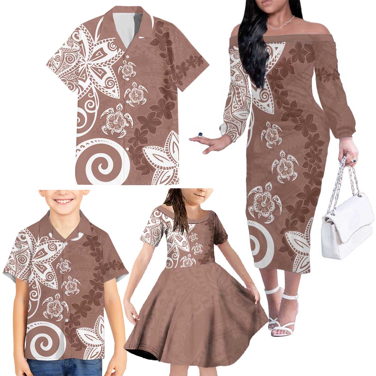 Polynesia Family Matching Off The Shoulder Long Sleeve Dress and Hawaiian Shirt Brown Tribal Turtle Floral Pattern LT05 - Polynesian Pride