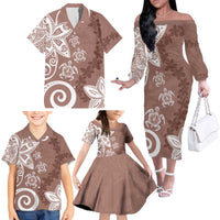 Polynesia Family Matching Off The Shoulder Long Sleeve Dress and Hawaiian Shirt Brown Tribal Turtle Floral Pattern LT05 - Polynesian Pride
