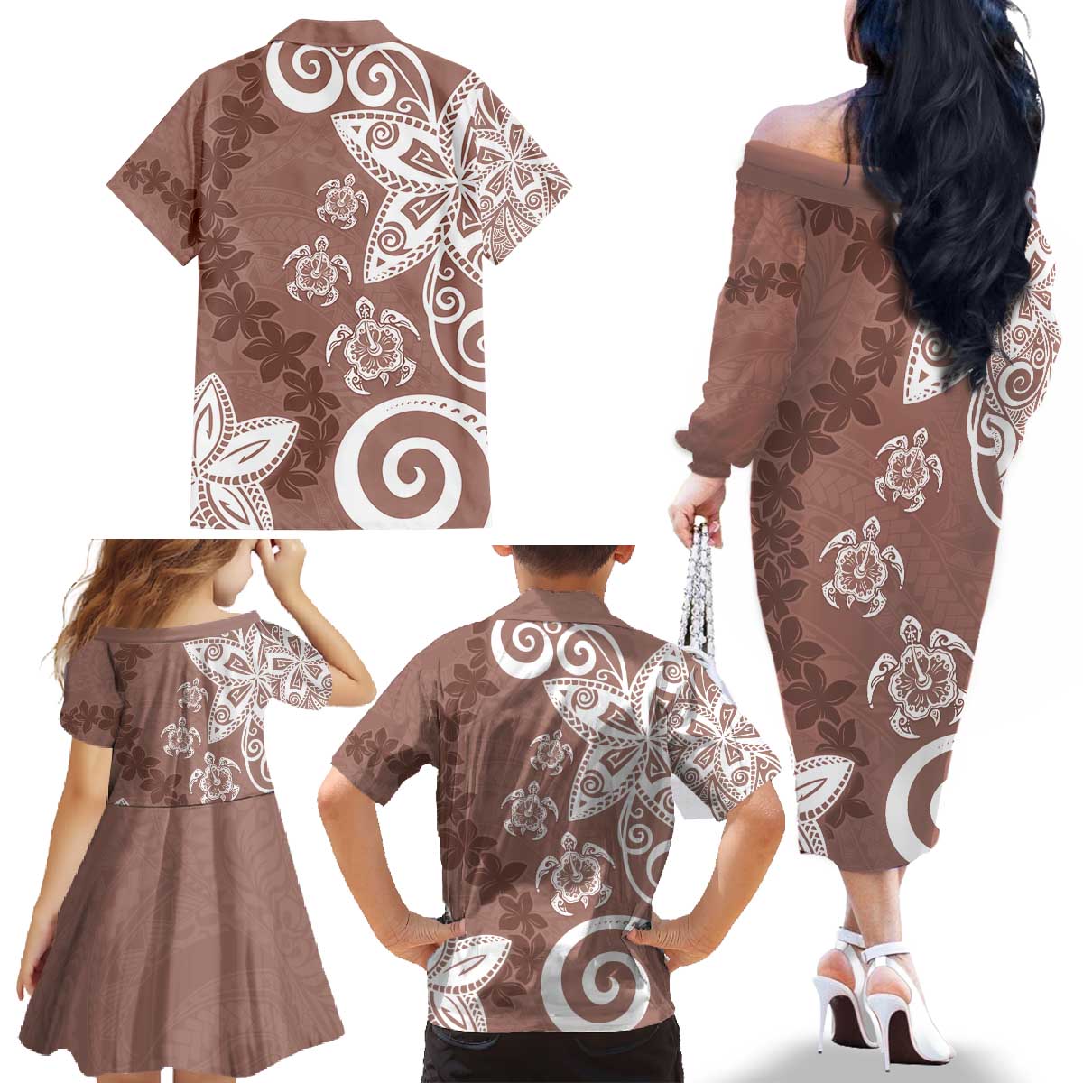 Polynesia Family Matching Off The Shoulder Long Sleeve Dress and Hawaiian Shirt Brown Tribal Turtle Floral Pattern LT05 - Polynesian Pride