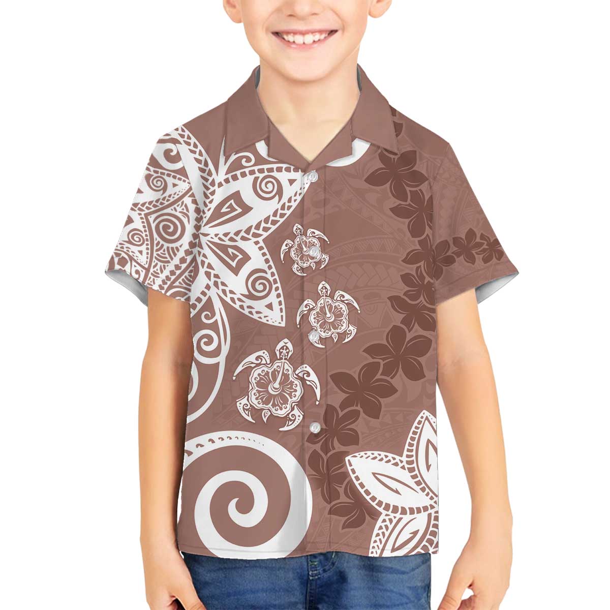 Polynesia Family Matching Off The Shoulder Long Sleeve Dress and Hawaiian Shirt Brown Tribal Turtle Floral Pattern LT05 Son's Shirt Brown - Polynesian Pride