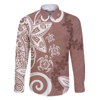 Polynesia Family Matching Off Shoulder Maxi Dress and Hawaiian Shirt Brown Tribal Turtle Floral Pattern