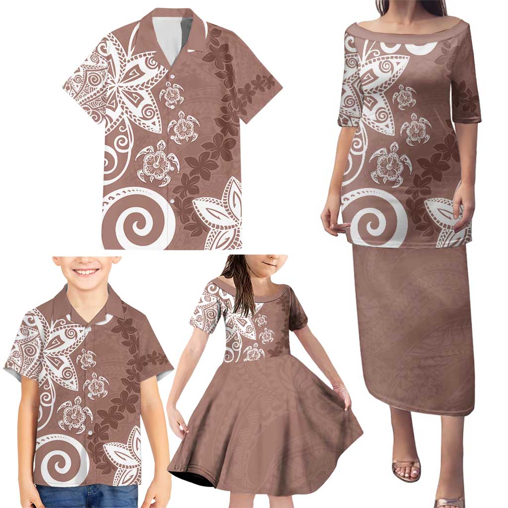 Polynesia Family Matching Puletasi and Hawaiian Shirt Brown Tribal Turtle Floral Pattern LT05 - Polynesian Pride