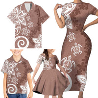 Polynesia Family Matching Short Sleeve Bodycon Dress and Hawaiian Shirt Brown Tribal Turtle Floral Pattern LT05 - Polynesian Pride