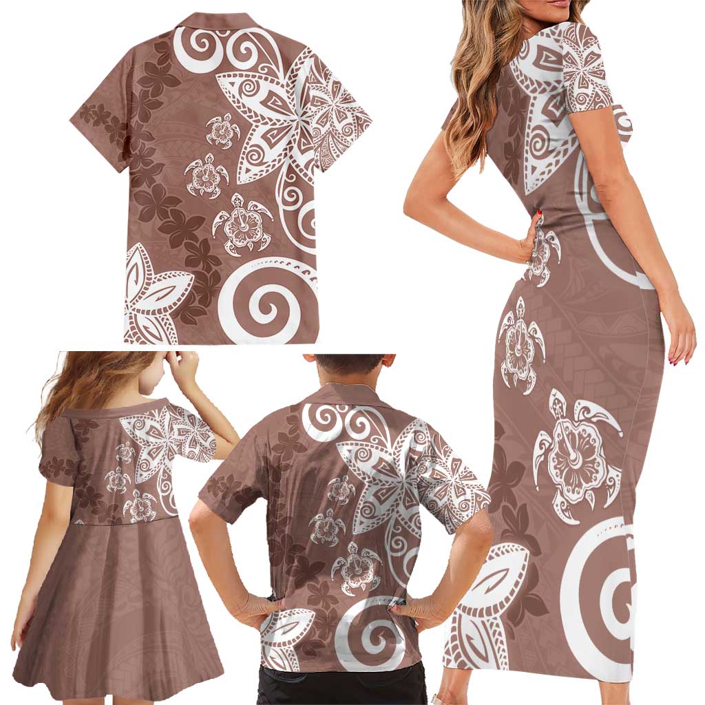 Polynesia Family Matching Short Sleeve Bodycon Dress and Hawaiian Shirt Brown Tribal Turtle Floral Pattern LT05 - Polynesian Pride