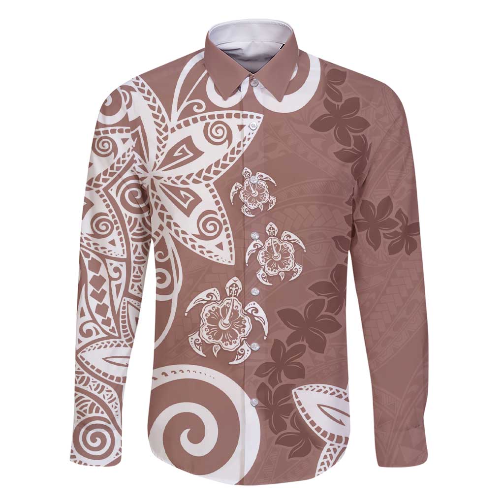 Polynesia Family Matching Short Sleeve Bodycon Dress and Hawaiian Shirt Brown Tribal Turtle Floral Pattern LT05 Dad's Shirt - Long Sleeve Brown - Polynesian Pride
