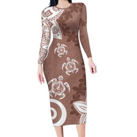 Polynesia Long Sleeve Bodycon Dress Brown Tribal Turtle Floral Pattern LT05 Long Dress Brown - Polynesian Pride