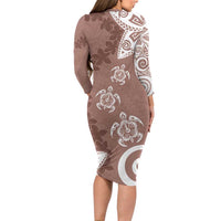 Polynesia Long Sleeve Bodycon Dress Brown Tribal Turtle Floral Pattern LT05 - Polynesian Pride