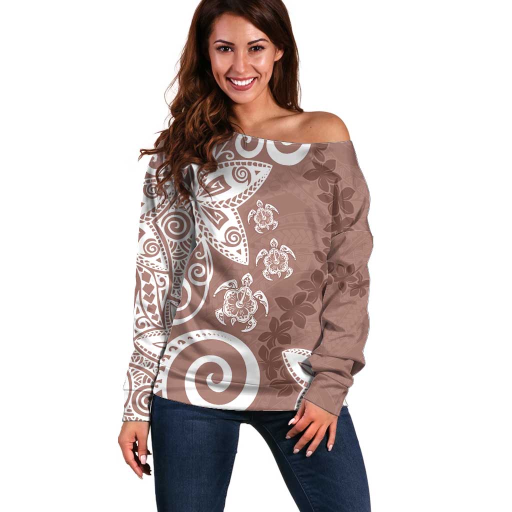 Polynesia Off Shoulder Sweater Brown Tribal Turtle Floral Pattern LT05 Women Brown - Polynesian Pride