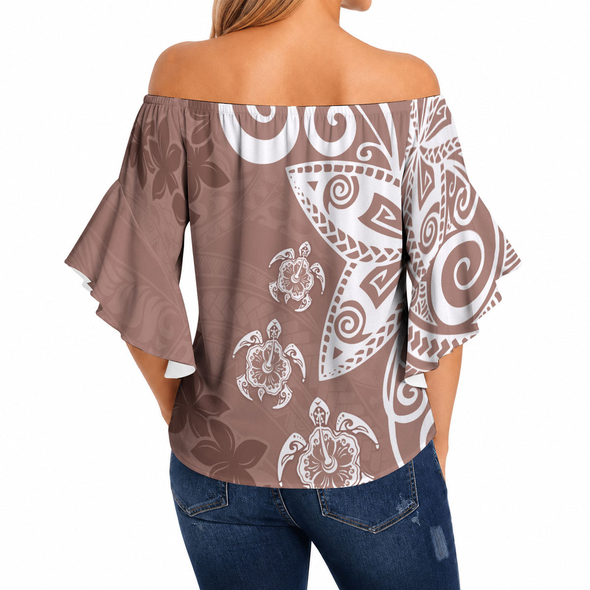 Polynesia Off Shoulder Wrap Waist Top Brown Tribal Turtle Floral Pattern LT05 - Polynesian Pride