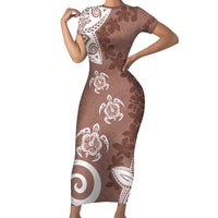 Polynesia Short Sleeve Bodycon Dress Brown Tribal Turtle Floral Pattern LT05 Long Dress Brown - Polynesian Pride