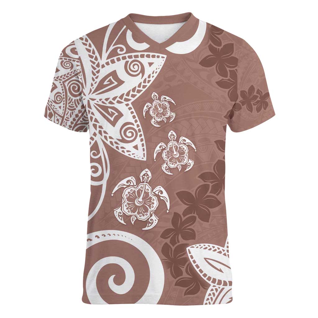 Polynesia Women V-Neck T-Shirt Brown Tribal Turtle Floral Pattern