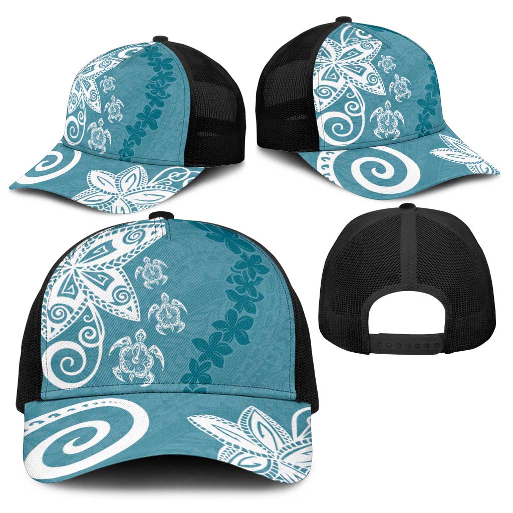 Polynesia Baseball Net Cap Hippie Blue Tribal Turtle Floral Pattern - Polynesian Pride
