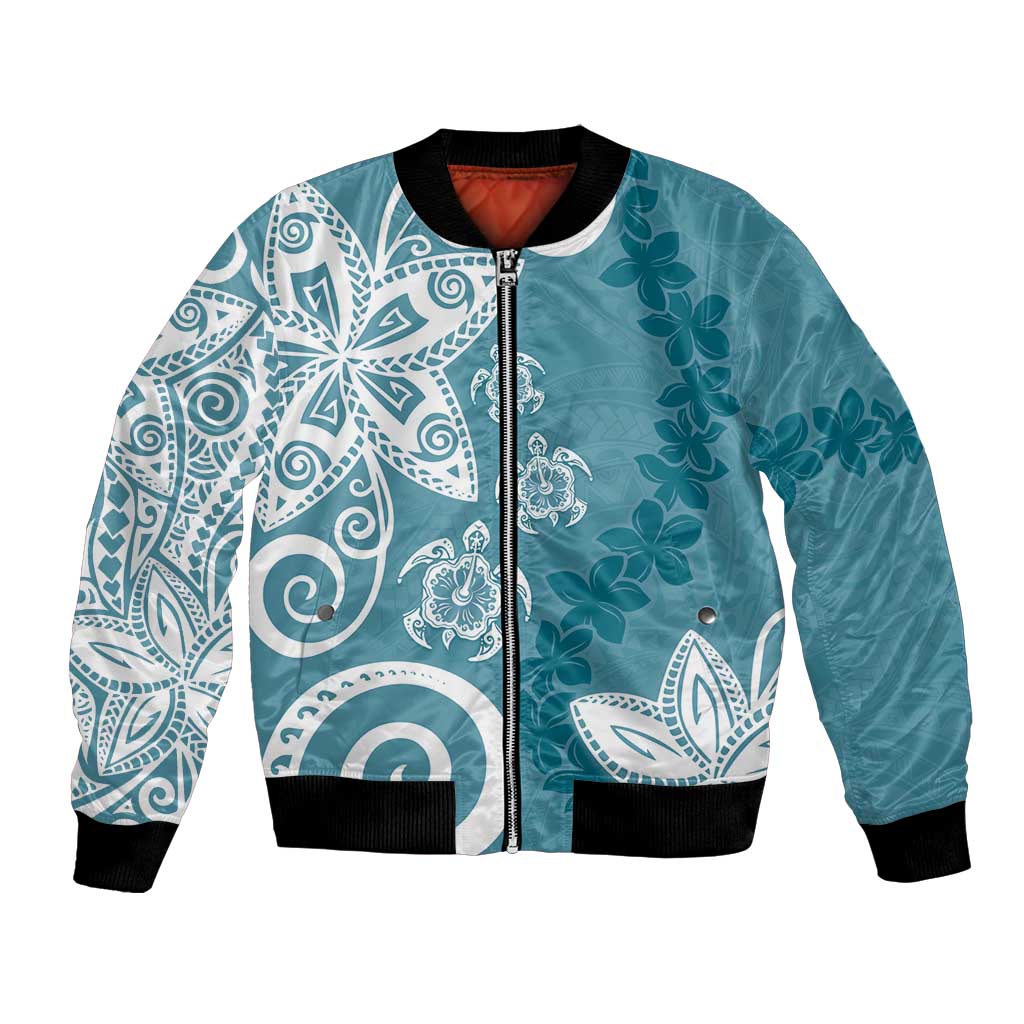 Polynesia Bomber Jacket Hippie Blue Tribal Turtle Floral Pattern LT05 Unisex Blue - Polynesian Pride