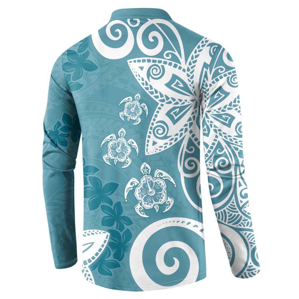 Polynesia Button Sweatshirt Hippie Blue Tribal Turtle Floral Pattern