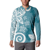 Polynesia Button Sweatshirt Hippie Blue Tribal Turtle Floral Pattern