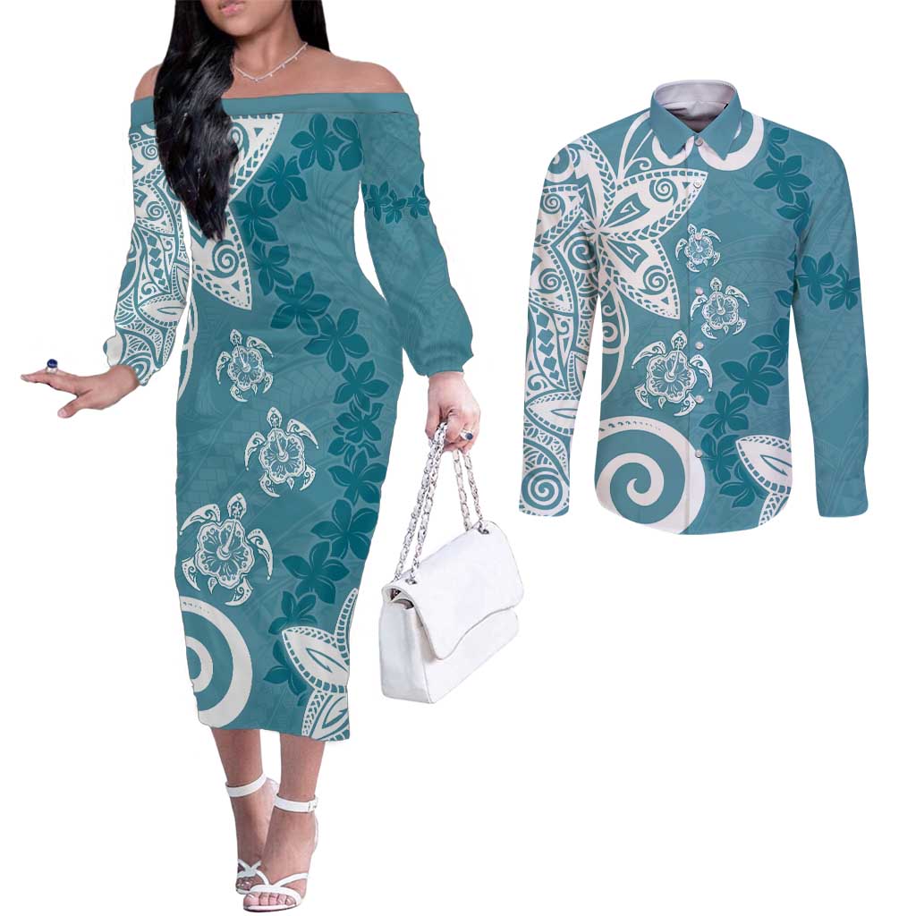 Polynesia Couples Matching Off The Shoulder Long Sleeve Dress and Long Sleeve Button Shirt Hippie Blue Tribal Turtle Floral Pattern