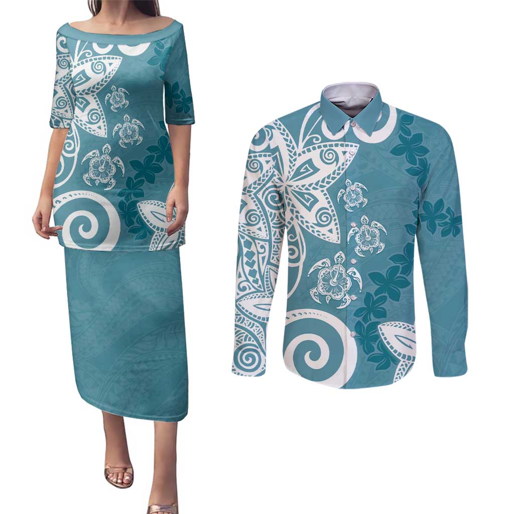 Polynesia Couples Matching Puletasi and Long Sleeve Button Shirt Hippie Blue Tribal Turtle Floral Pattern