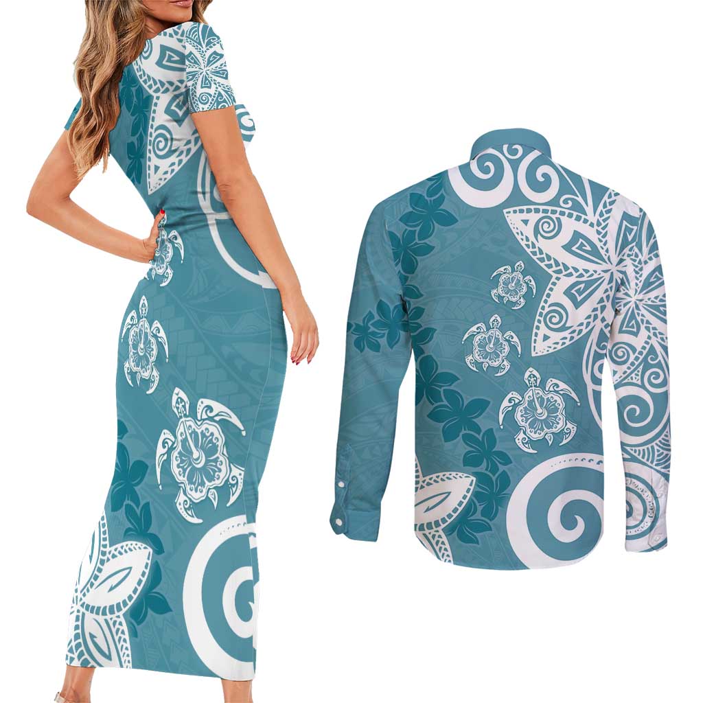 Polynesia Couples Matching Short Sleeve Bodycon Dress and Long Sleeve Button Shirt Hippie Blue Tribal Turtle Floral Pattern
