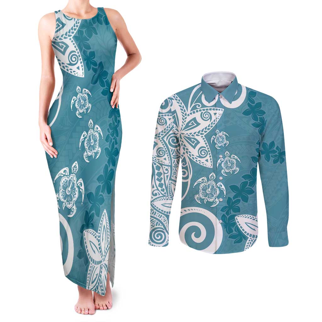 Polynesia Couples Matching Tank Maxi Dress and Long Sleeve Button Shirt Hippie Blue Tribal Turtle Floral Pattern