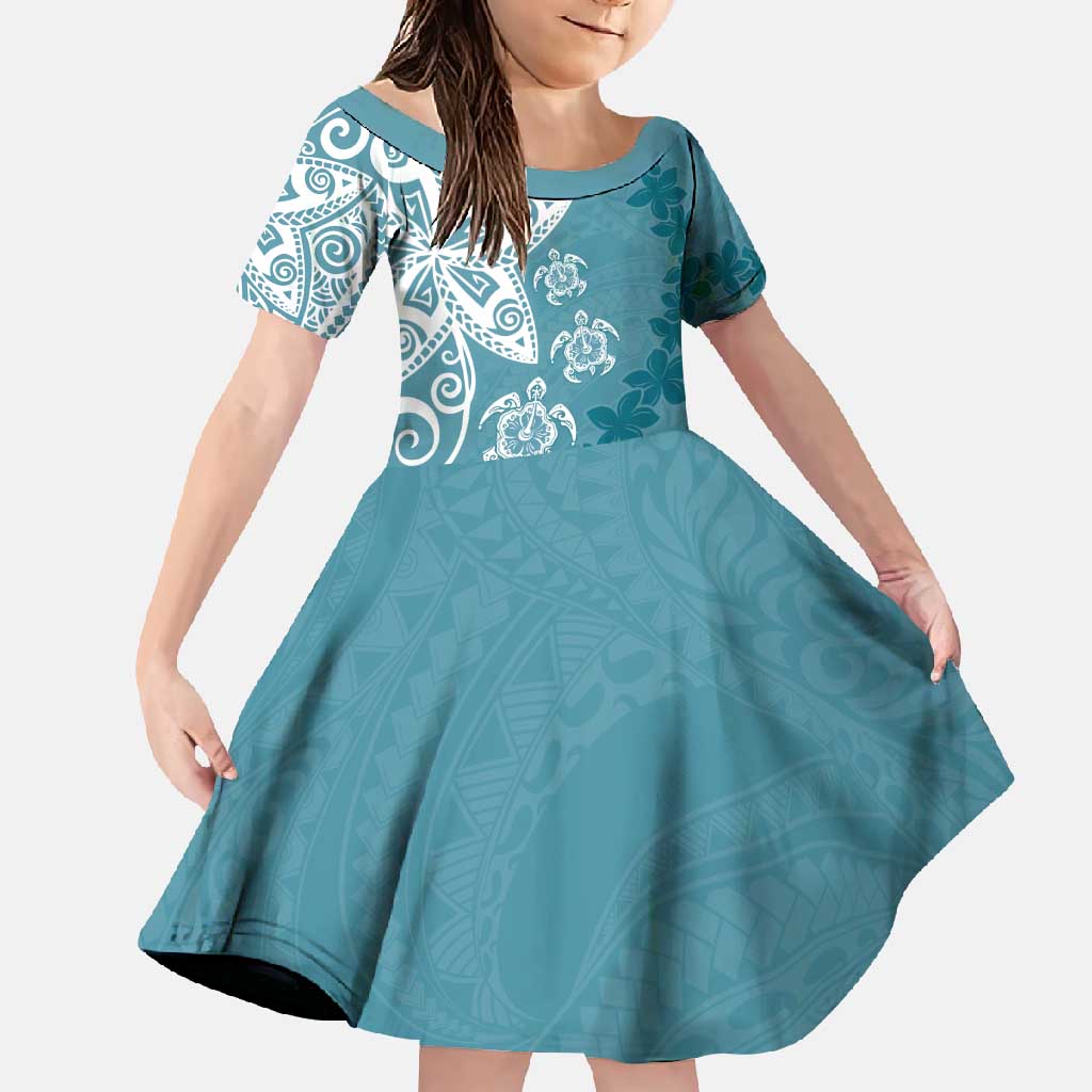 Polynesia Family Matching Long Sleeve Bodycon Dress and Hawaiian Shirt Hippie Blue Tribal Turtle Floral Pattern LT05 Daughter's Dress Blue - Polynesian Pride