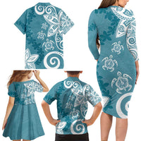 Polynesia Family Matching Long Sleeve Bodycon Dress and Hawaiian Shirt Hippie Blue Tribal Turtle Floral Pattern LT05 - Polynesian Pride