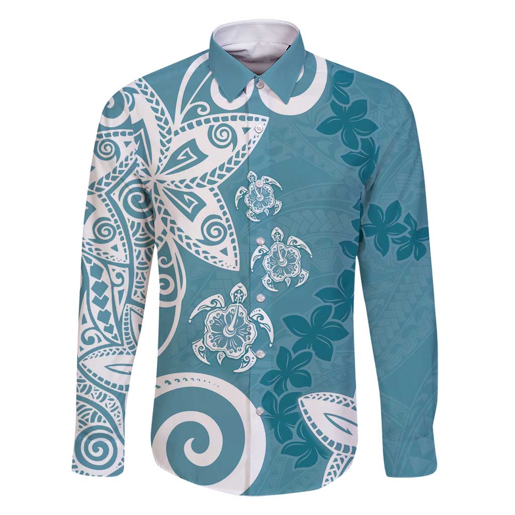 Polynesia Family Matching Mermaid Dress and Hawaiian Shirt Hippie Blue Tribal Turtle Floral Pattern LT05 Dad's Shirt - Long Sleeve Blue - Polynesian Pride